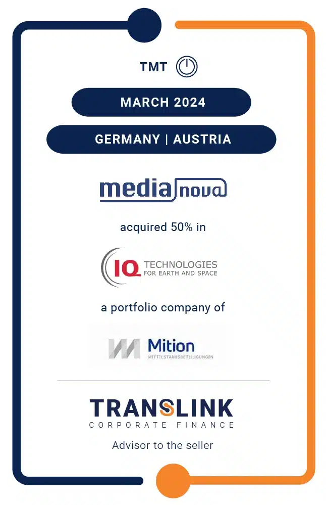 Translink Corporate Finance acted as the advisor to Mition GmbH Mittelstandsbeteiligungen on the sale of all its shares in IQ Technologies for Earth and Space GmbH, to the Austrian Medianova GmbH