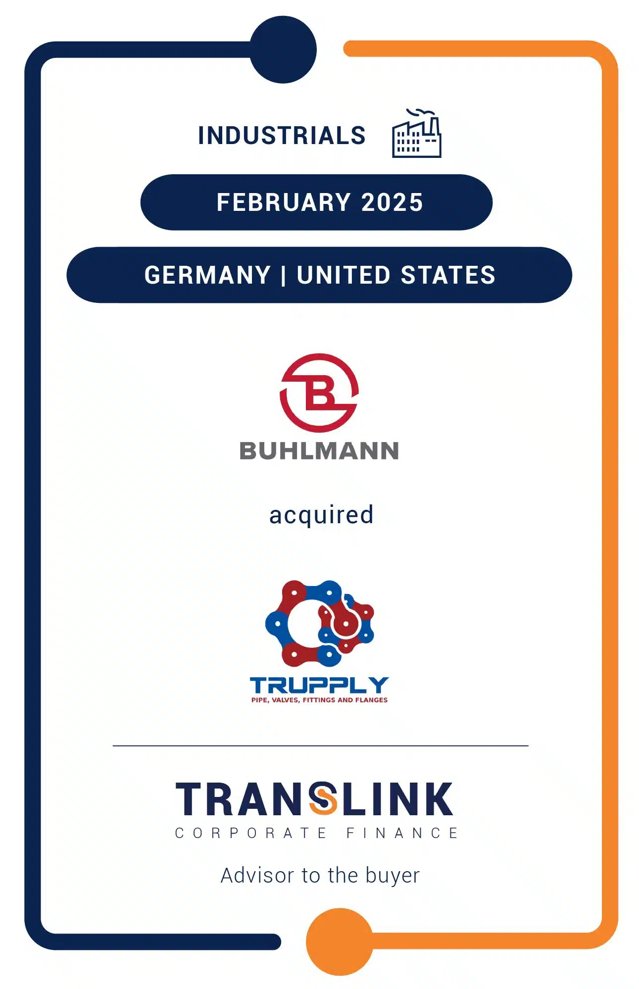 Translink Corporate Finance acted as the advisor to the BUHLMANN Group on the acquisition of Trupply