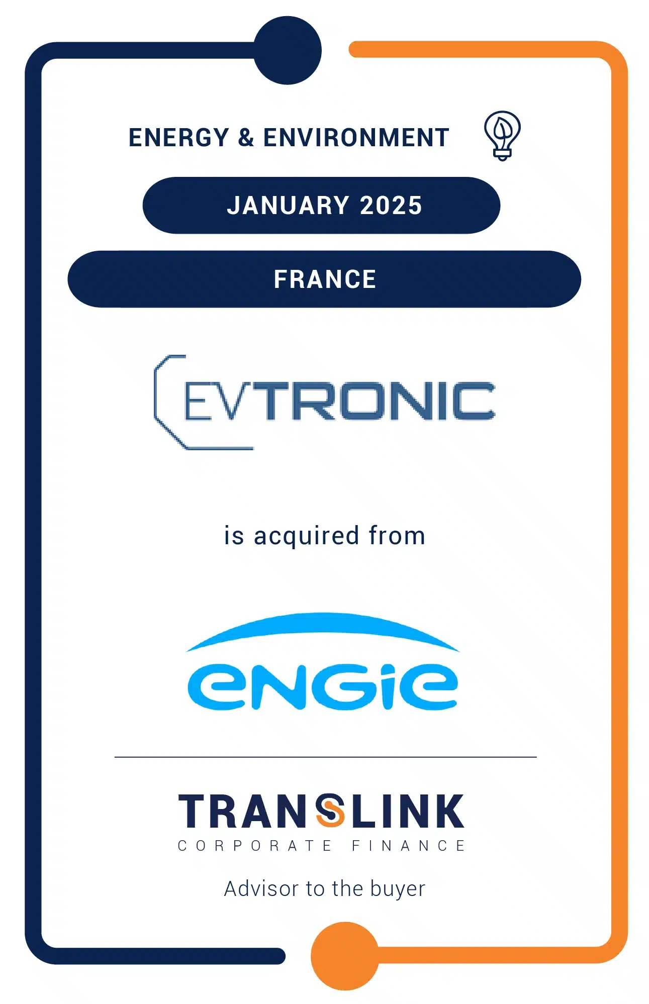 Translink Corporate Finance acted as the advisor to EVTronic’s founder in the acquisition of its company from Engie