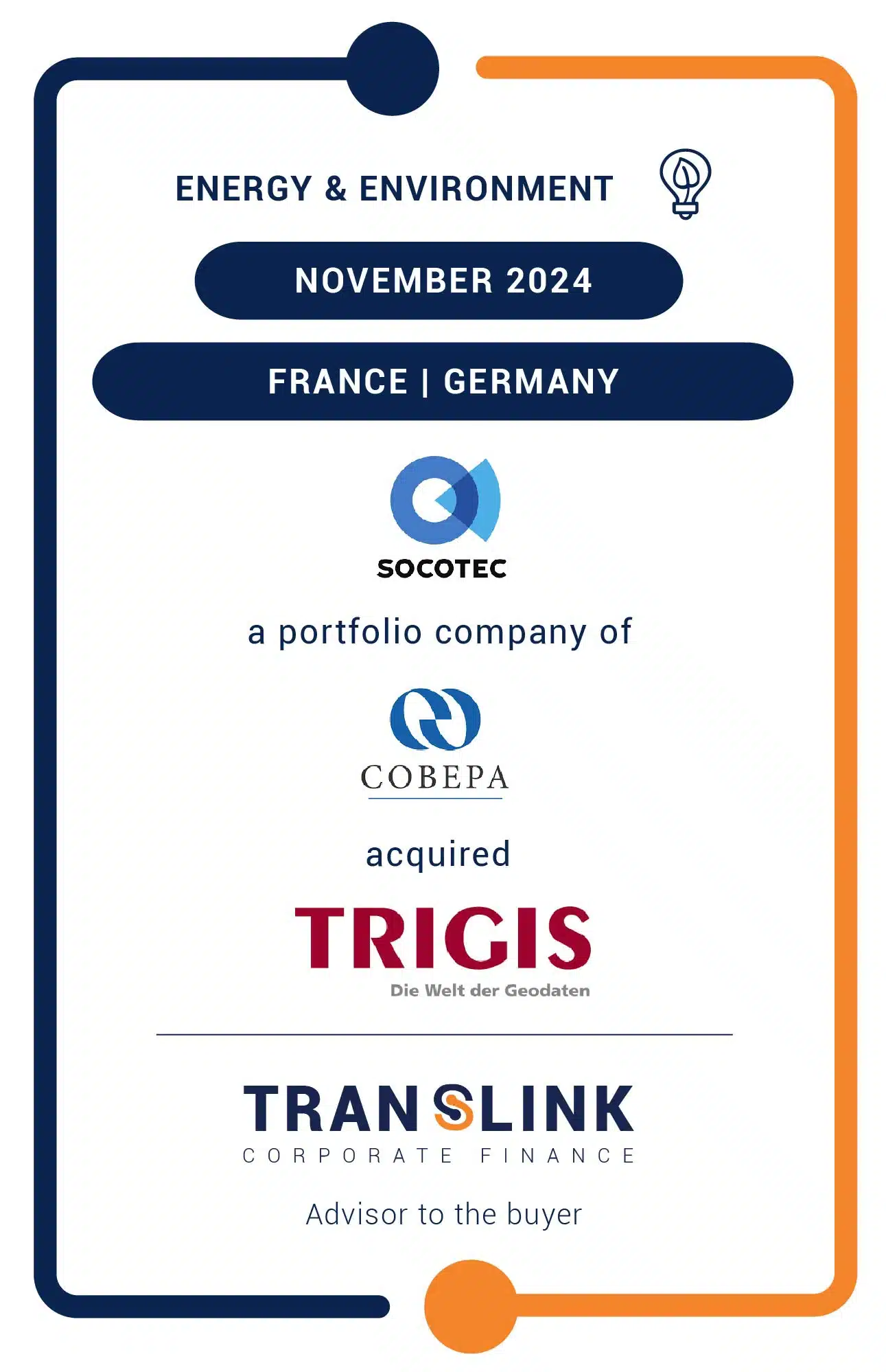 Translink Corporate Finance acted as the advisor to SOCOTEC Germany, a portfolio company of COBEPA, on the acquisition of TRIGIS GeoServices and its subsidiaries